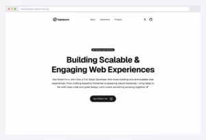 shadcn-portfolio-template on Vercel — open-source full developer portfolio template hero with Fullstack Web Developer badge, large display headline, About / Experience / Projects nav, and X / GitHub social links
