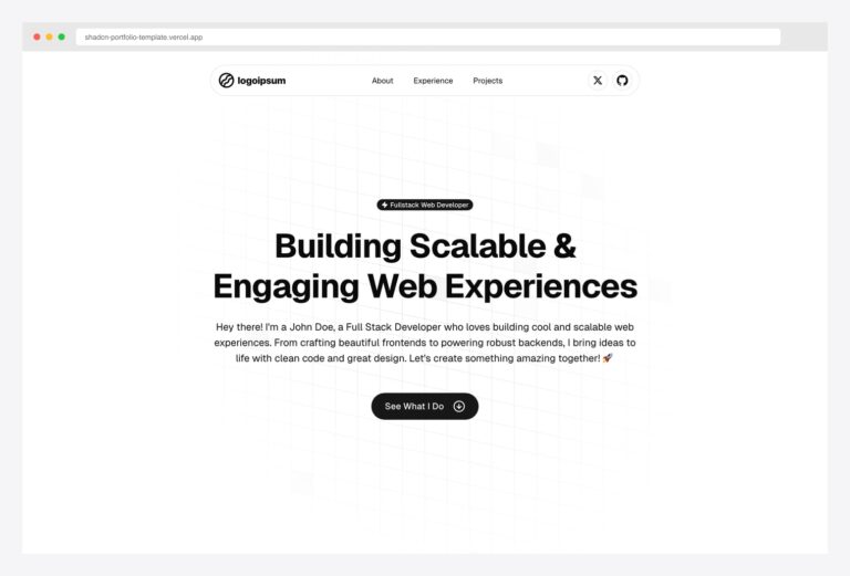 shadcn-portfolio-template on Vercel — open-source full developer portfolio template hero with Fullstack Web Developer badge, large display headline, About / Experience / Projects nav, and X / GitHub social links