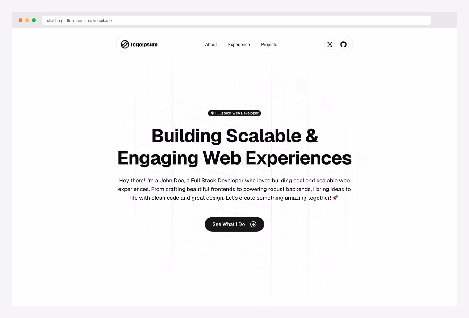 shadcn-portfolio-template on Vercel — open-source full developer portfolio template hero with Fullstack Web Developer badge, large display headline, About / Experience / Projects nav, and X / GitHub social links