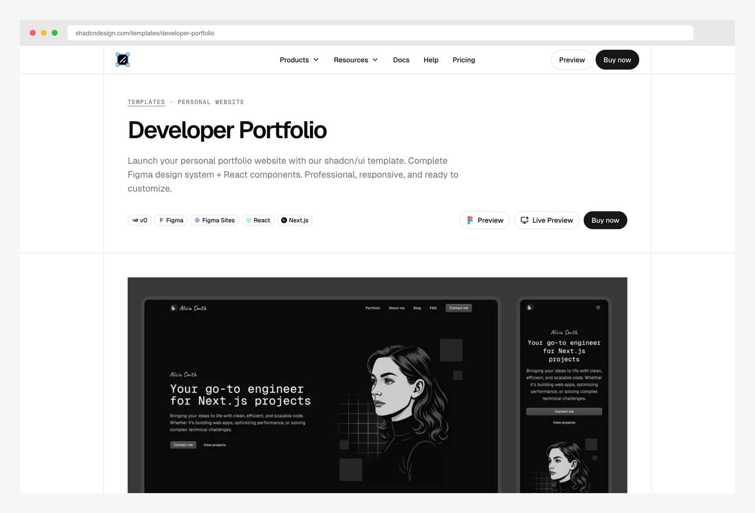 Shadcndesign Developer Portfolio — premium developer portfolio template with complete Figma design system and React components, professional, responsive, and ready to customize