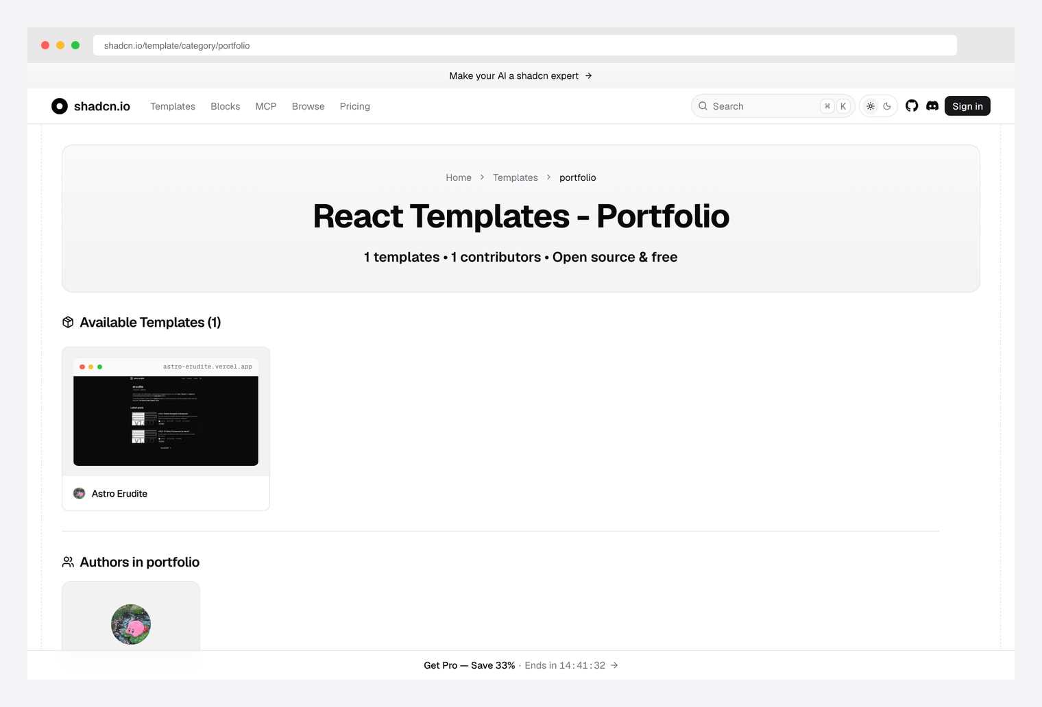 shadcn.io React Templates Portfolio category — curated open-source portfolio templates, currently featuring Astro Erudite as a fully open-source free portfolio template