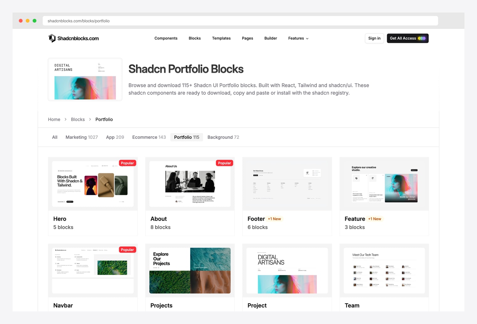 Shadcnblocks Portfolio Blocks — shadcn/ui portfolio block library with project gallery cards, hero variants, about sections, skills grids, and contact form layouts ready for copy / paste / install