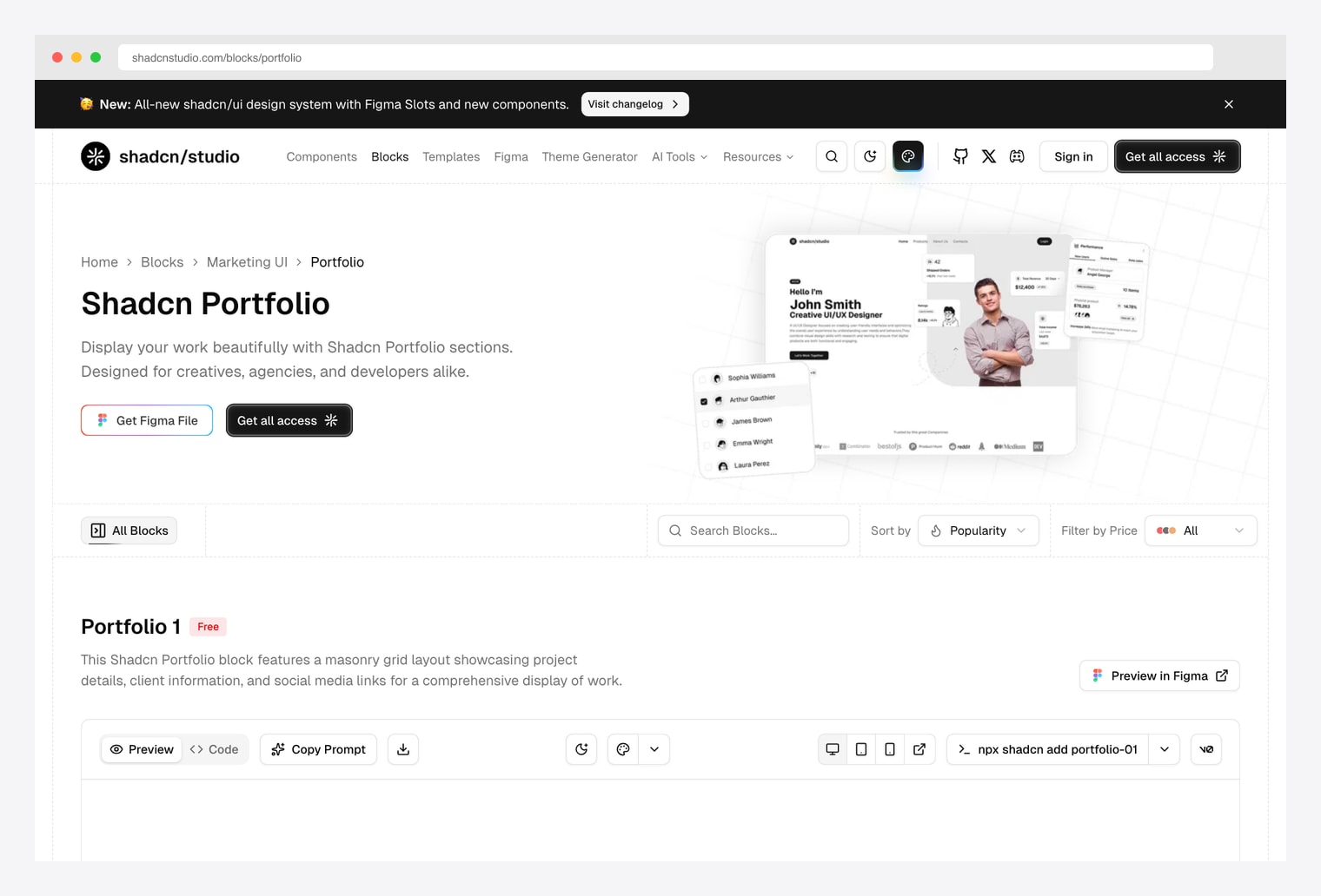 Shadcn Studio Portfolio component — shadcn marketing-ui portfolio block with project showcase grid, case-study cards, and Figma file plus React code
