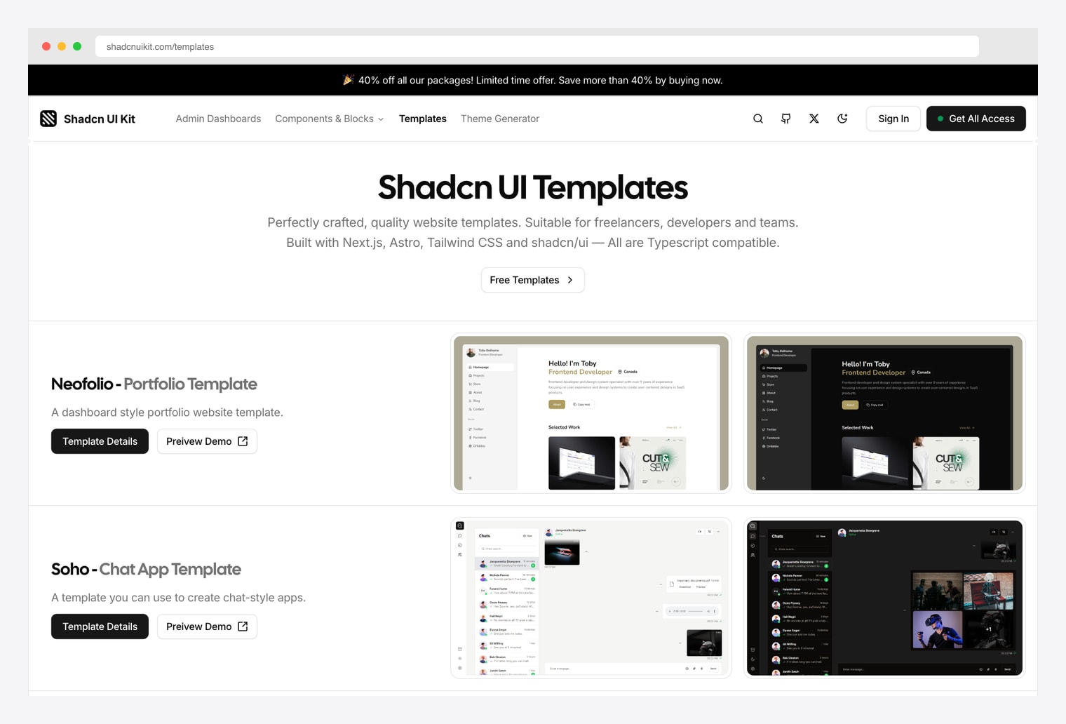 Shadcn UI Kit Templates — premium shadcn/ui templates catalog with 11 web application templates plus 12 admin dashboards and 30+ pages, including portfolio and personal-site layouts under one Pro license