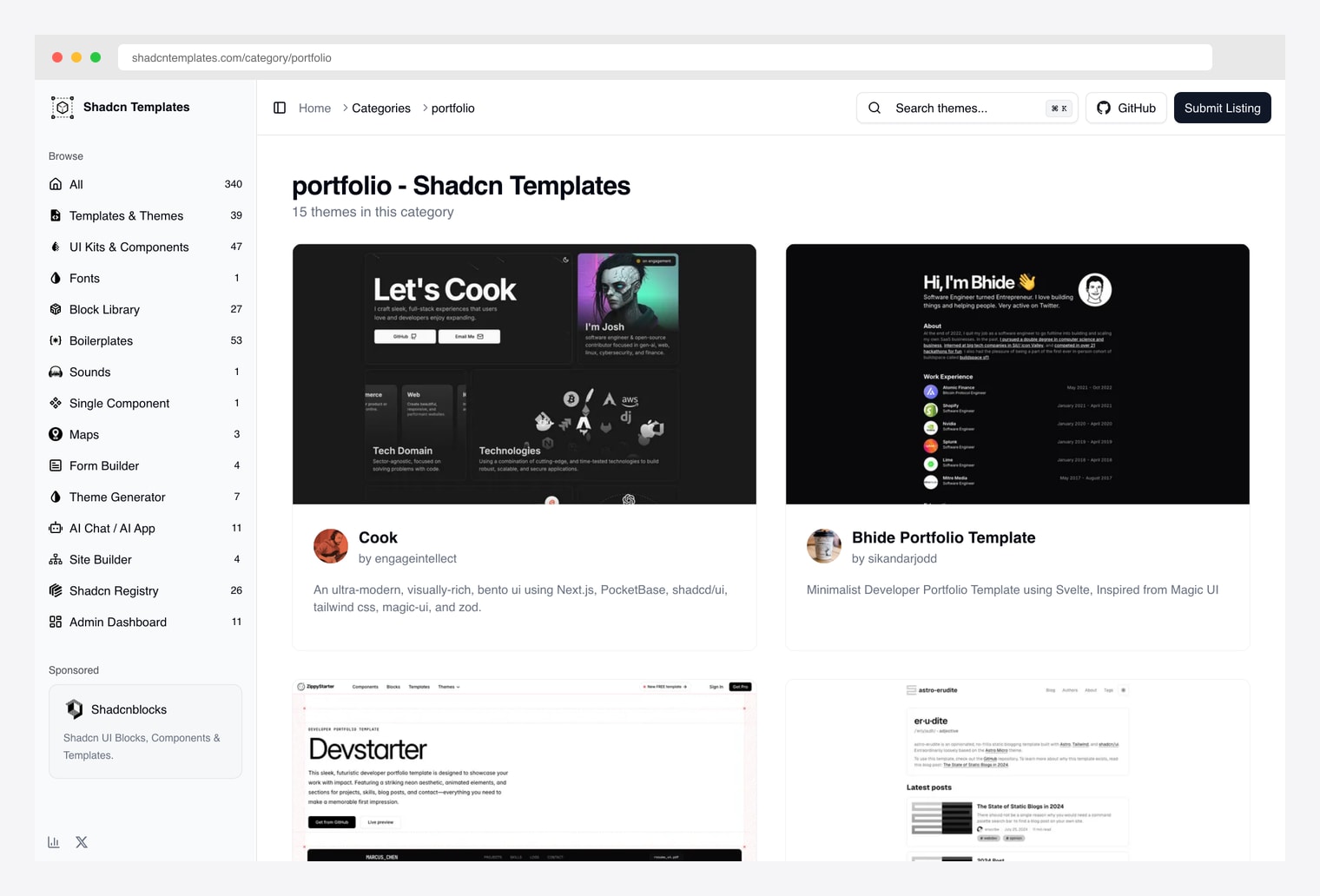 shadcntemplates.com Portfolio category — curated catalog of shadcn/ui portfolio templates with grid view, framework filters, and direct links to live demos and source code