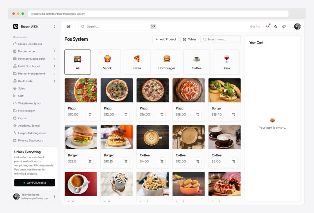 Shadcn UI Kit POS System App — premium point-of-sale interface from the Shadcn UI Kit Pro bundle with category filter pills (All / Snack / Pizza / Hamburger / Coffee / Drink), product grid showing photos and prices, search and add-product actions, and a right-side cart panel for the current order