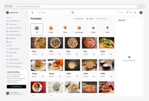 Shadcn UI Kit POS System App — premium point-of-sale interface from the Shadcn UI Kit Pro bundle with category filter pills (All / Snack / Pizza / Hamburger / Coffee / Drink), product grid showing photos and prices, search and add-product actions, and a right-side cart panel for the current order