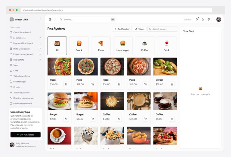 Shadcn UI Kit POS System App — premium point-of-sale interface from the Shadcn UI Kit Pro bundle with category filter pills (All / Snack / Pizza / Hamburger / Coffee / Drink), product grid showing photos and prices, search and add-product actions, and a right-side cart panel for the current order
