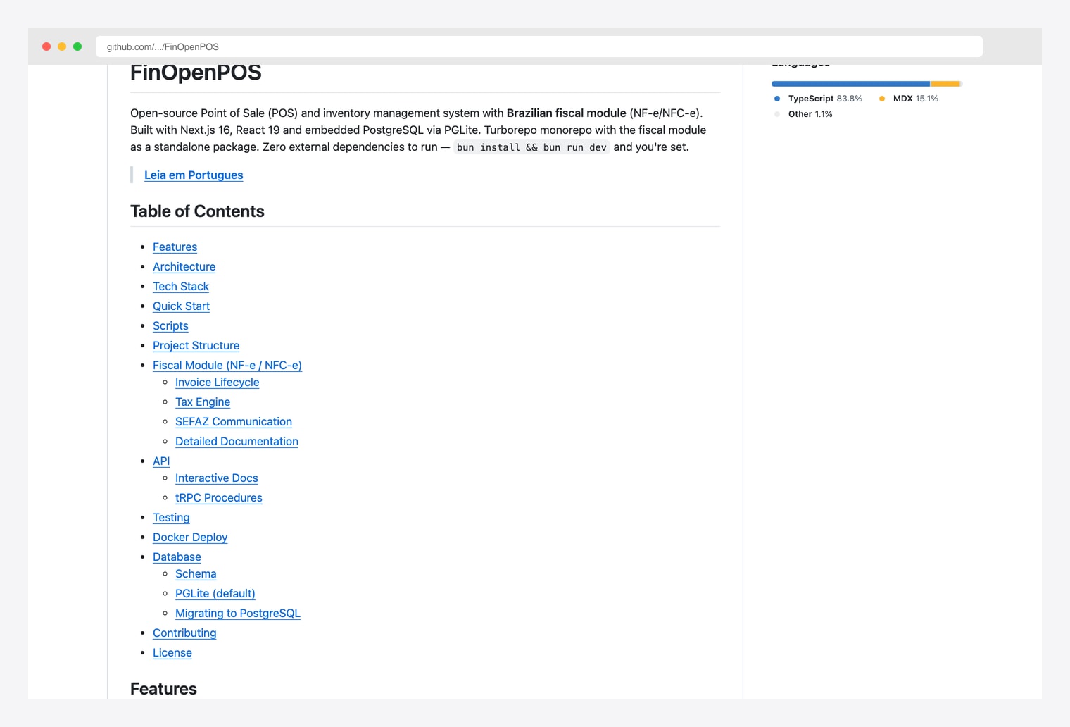 FinOpenPOS by JoaoHenriqueBarbosa — open-source Point of Sale and inventory management system built with Next.js 16, React 19, embedded PostgreSQL via PGLite, and a Brazilian fiscal module (NF-e / NFC-e), with Turborepo monorepo and tRPC procedures, README showing Table of Contents covering Features / Architecture / Tech Stack / Fiscal Module / API / Testing / Docker Deploy / Database