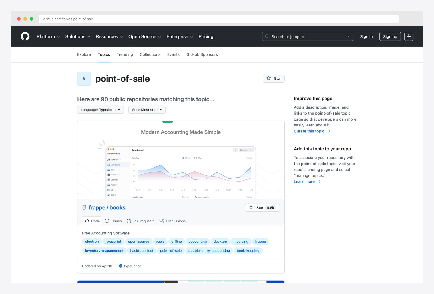 GitHub topic point-of-sale — directory of 90 public TypeScript repositories matching the point-of-sale tag, sorted by most stars, first result Frappe Books with 4.6k stars, point-of-sale tag with inventory-management, double-entry-accounting, and book-keeping sibling tags