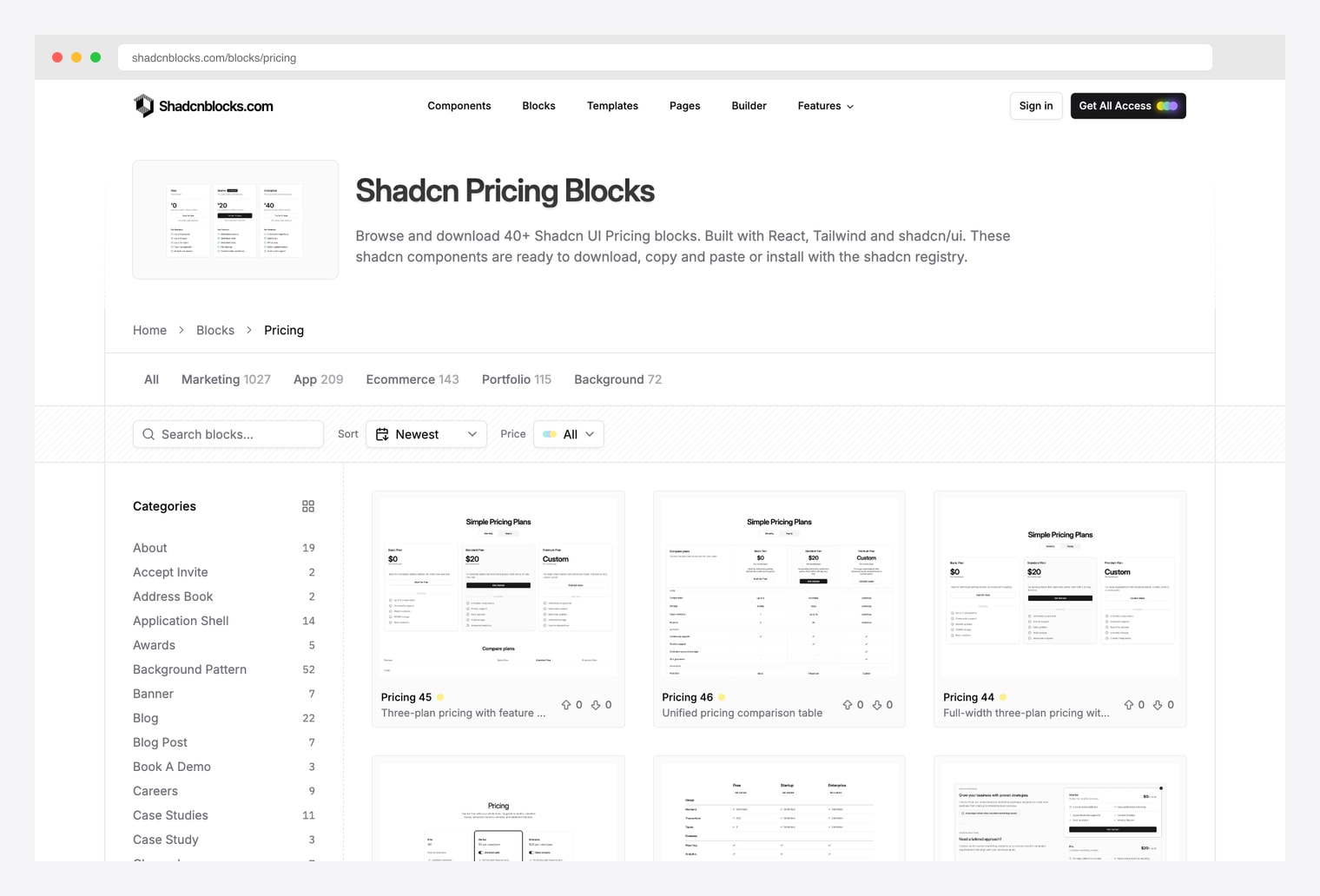 Shadcnblocks Pricing — 40+ shadcn/ui pricing blocks built with React, Tailwind and shadcn/ui, browseable category page with three-plan pricing layouts, feature comparison tables, and download / copy / install workflows