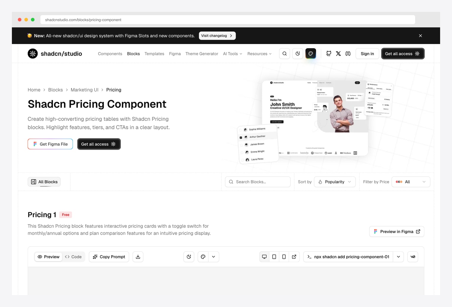 Shadcn Studio Pricing Component — modern shadcn pricing block library with interactive monthly / annual toggle, plan comparison features, Figma file download, and npx shadcn add command for direct installation