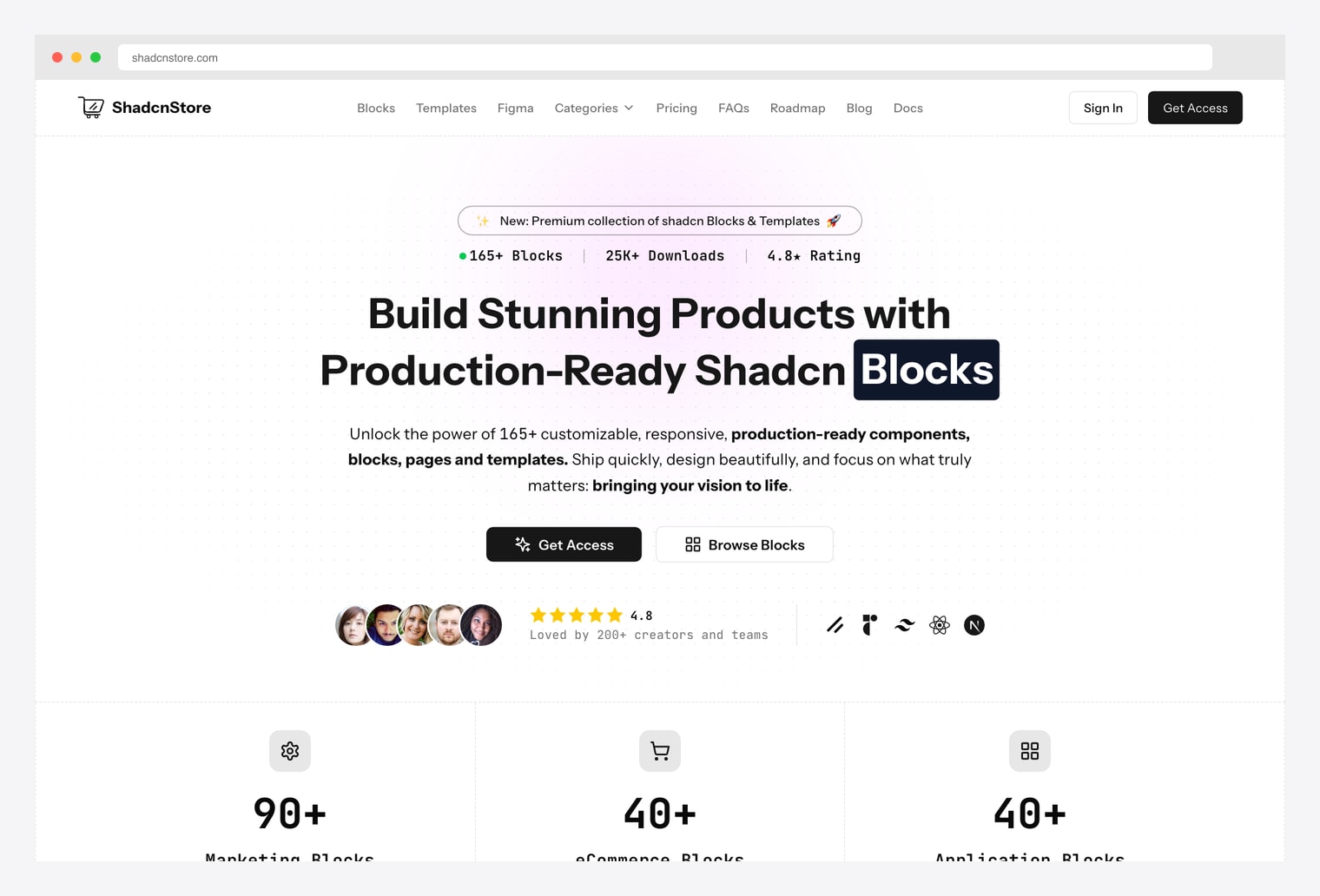ShadcnStore — premium shadcn UI blocks marketplace with 165+ blocks, 25K+ downloads, 4.8 star rating, broken into 90+ marketing blocks, 40+ eCommerce blocks, and 40+ application blocks