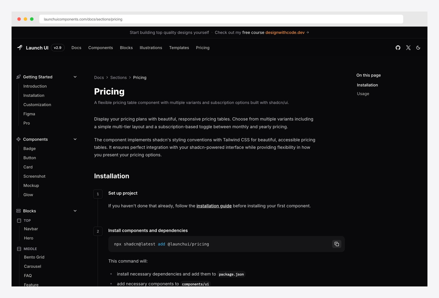 Launch UI Pricing — open-source shadcn-based pricing component with monthly / yearly toggle, multi-tier layout, multiple variants, and npx shadcn add @launchui/pricing installation