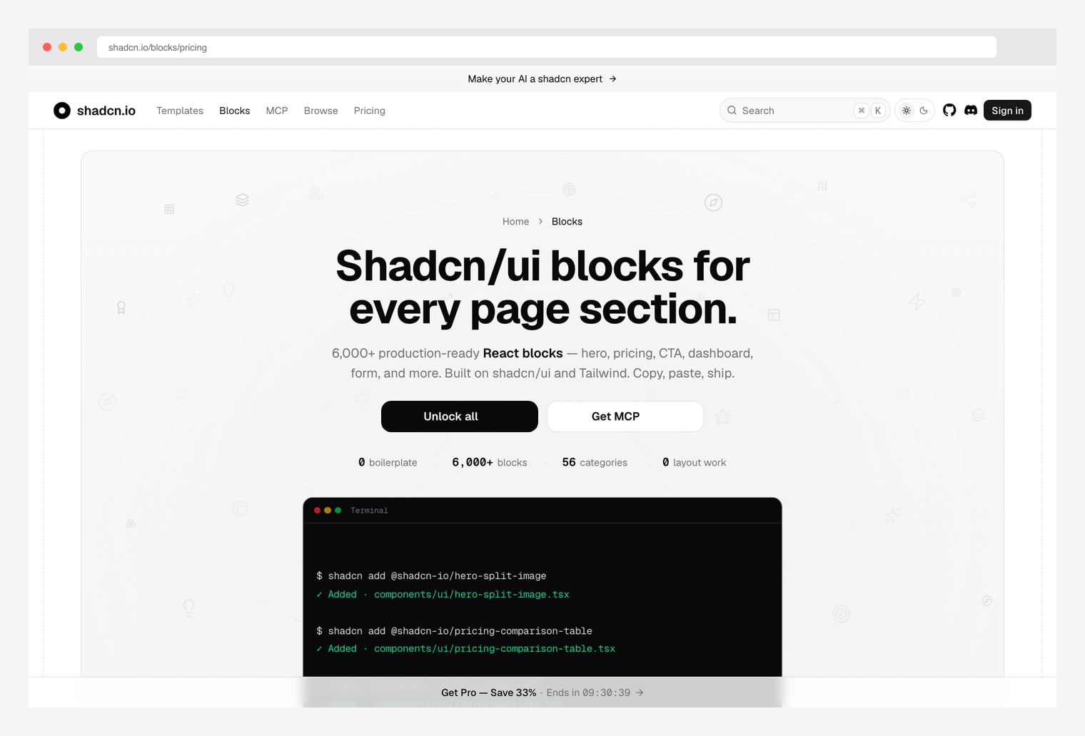 shadcn.io — AI-native shadcn/ui block library with 6,000+ production-ready React blocks across 56 categories including pricing, hero, CTA, dashboard, and form sections, plus an MCP server for AI-assisted shadcn installation