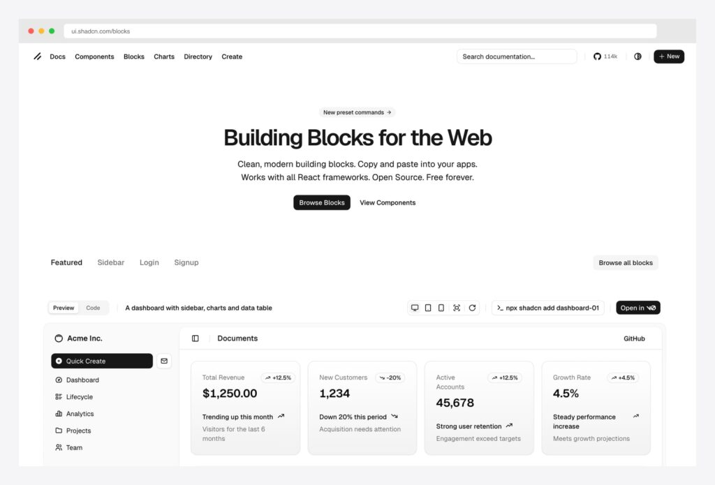 shadcn/ui Official Blocks — the canonical shadcn-ui blocks reference at ui.shadcn.com/blocks with featured dashboard, sidebar, login, and signup blocks, copy-paste with npx shadcn add command