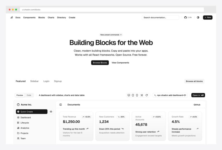 shadcn/ui Official Blocks — the canonical shadcn-ui blocks reference at ui.shadcn.com/blocks with featured dashboard, sidebar, login, and signup blocks, copy-paste with npx shadcn add command
