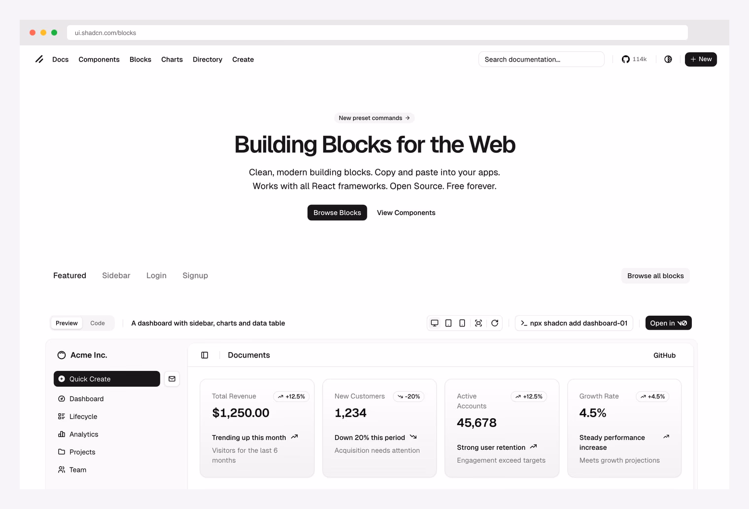 shadcn/ui Official Blocks — the canonical shadcn-ui blocks reference at ui.shadcn.com/blocks with featured dashboard, sidebar, login, and signup blocks, copy-paste with npx shadcn add command