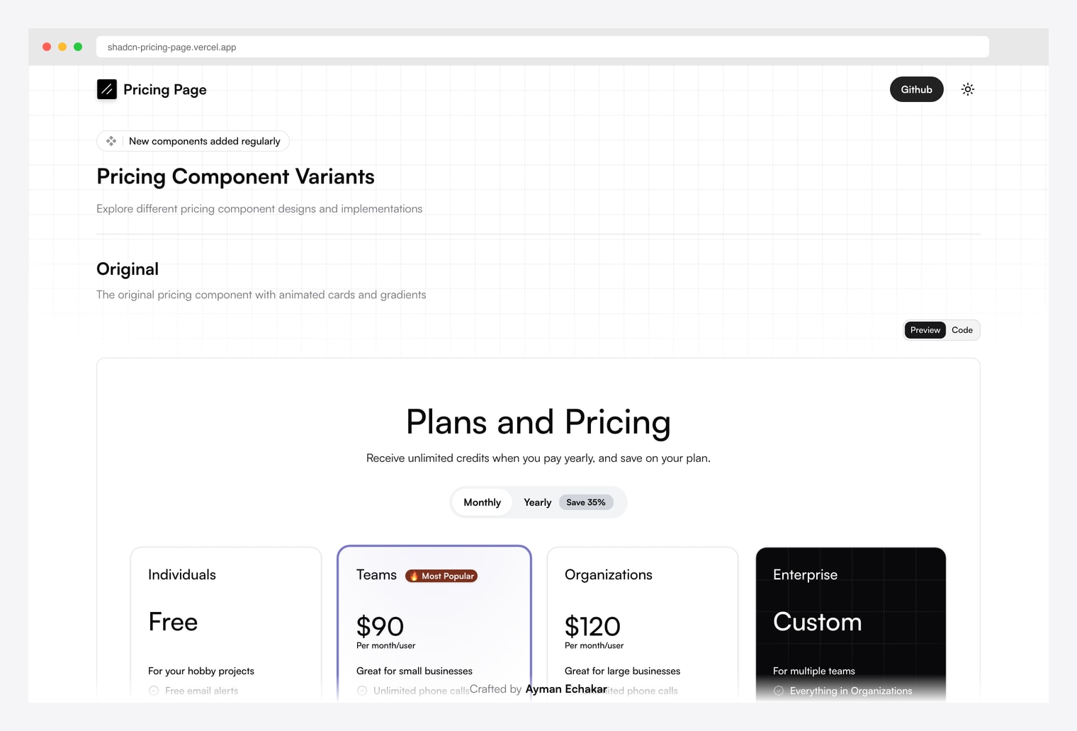 shadcn Pricing Page (Vercel) — open-source pricing component variants with original animated cards, 4-tier layout (Individuals Free / Teams / Organizations / Enterprise Custom), monthly / yearly billing toggle, and a 