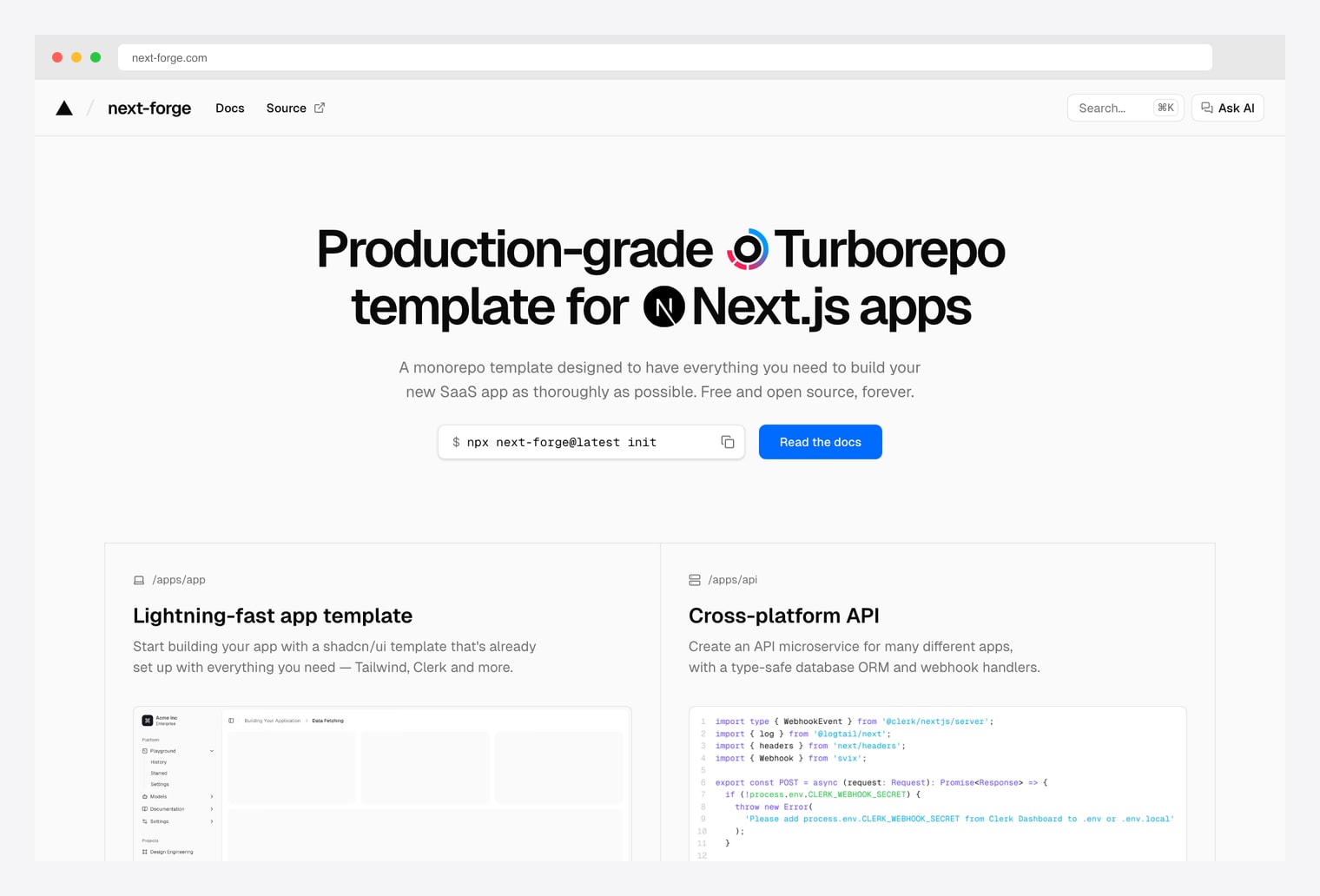 next-forge — production-grade Turborepo template with shadcn/ui