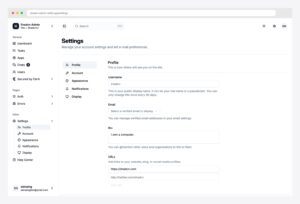 shadcn-admin by satnaing — the canonical shadcn settings UI with left sidebar listing Profile / Account / Appearance / Notifications / Display sub-pages, primary form column with Username / Email / Bio / URLs fields, and helper text describing field constraints