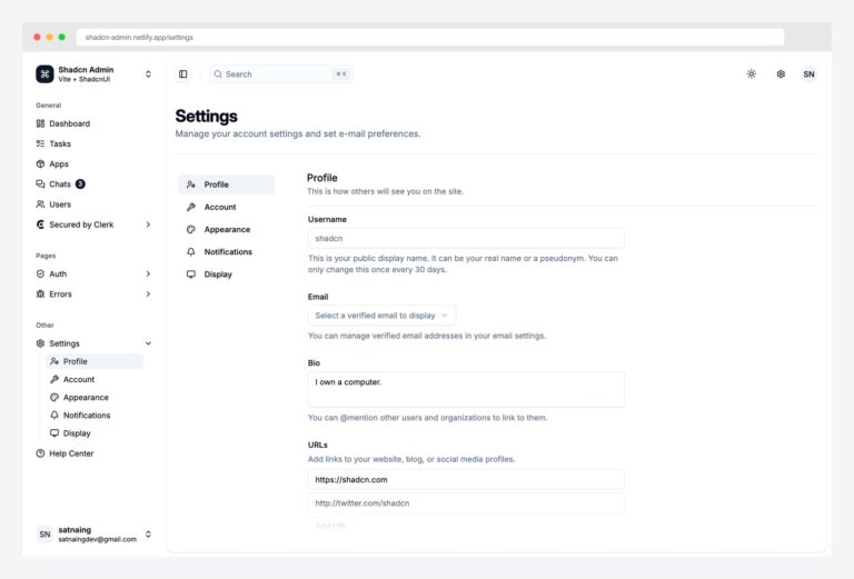 shadcn-admin by satnaing — the canonical shadcn settings UI with left sidebar listing Profile / Account / Appearance / Notifications / Display sub-pages, primary form column with Username / Email / Bio / URLs fields, and helper text describing field constraints