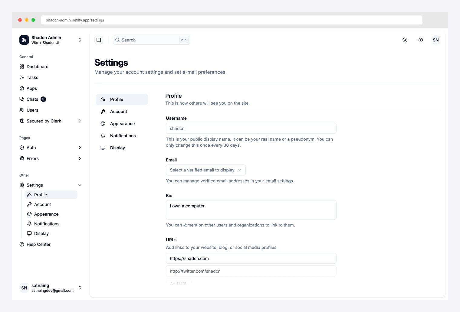 shadcn-admin by satnaing — the canonical shadcn settings UI with left sidebar listing Profile / Account / Appearance / Notifications / Display sub-pages, primary form column with Username / Email / Bio / URLs fields, and helper text describing field constraints