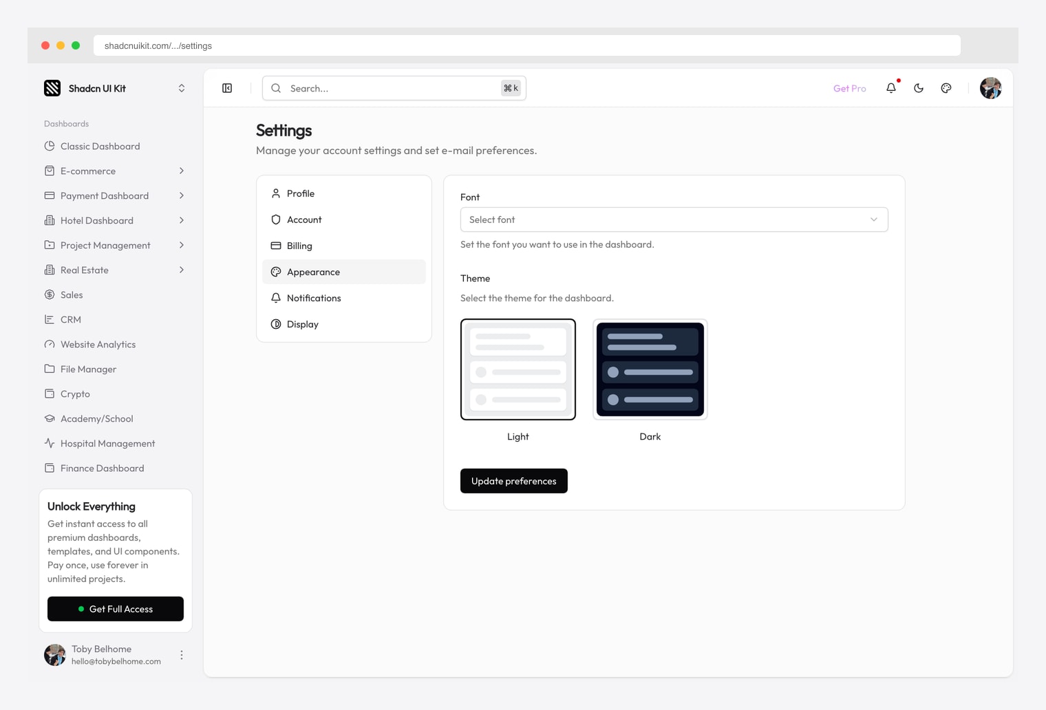 Shadcn UI Kit Settings page — premium settings module from the Shadcn UI Kit Pro bundle covering appearance, notifications, and account sub-tabs with tab navigation and form-based controls