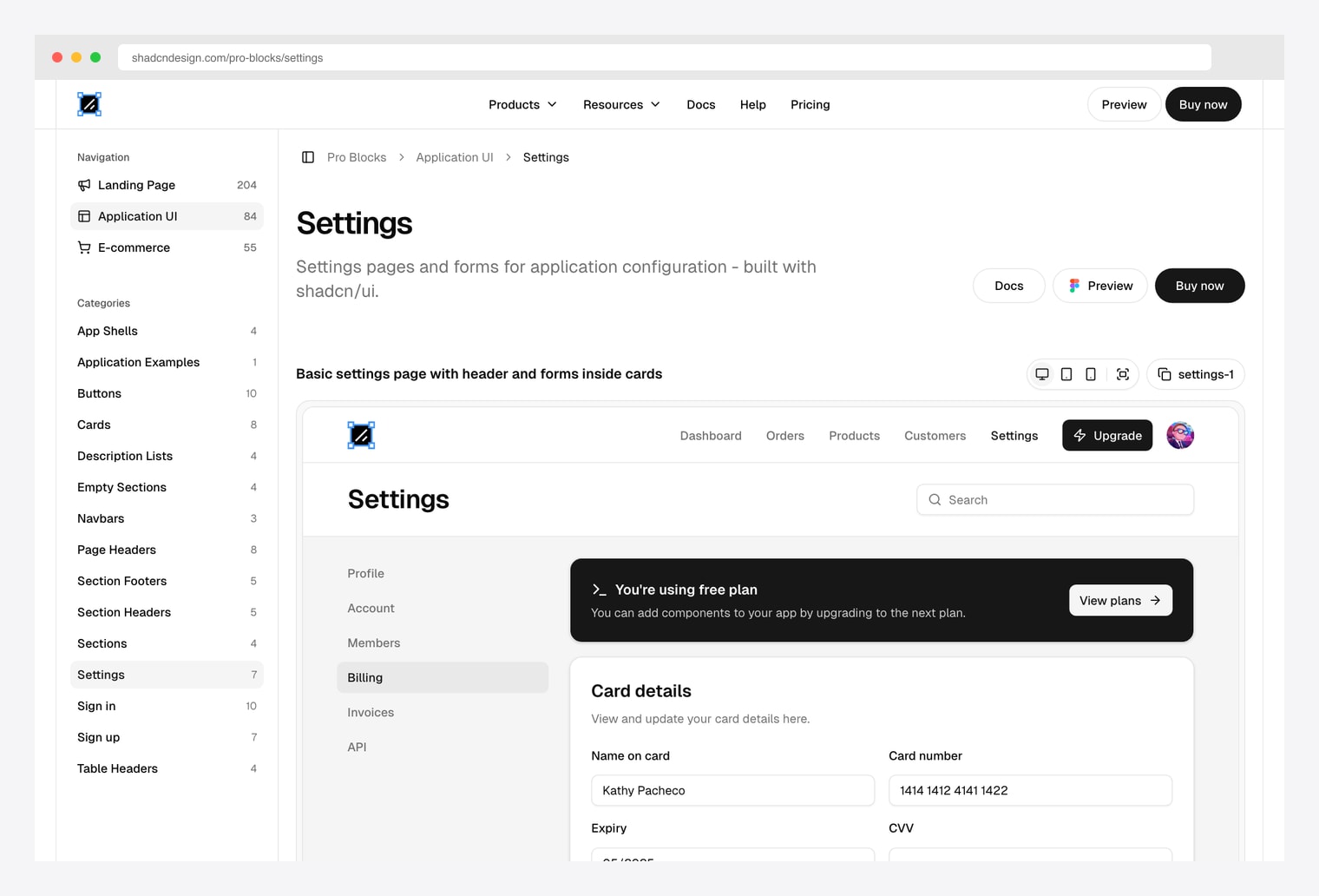 shadcndesign Pro Blocks Settings — premium settings block library with tabbed and single-page settings layouts for application configuration built on shadcn/ui