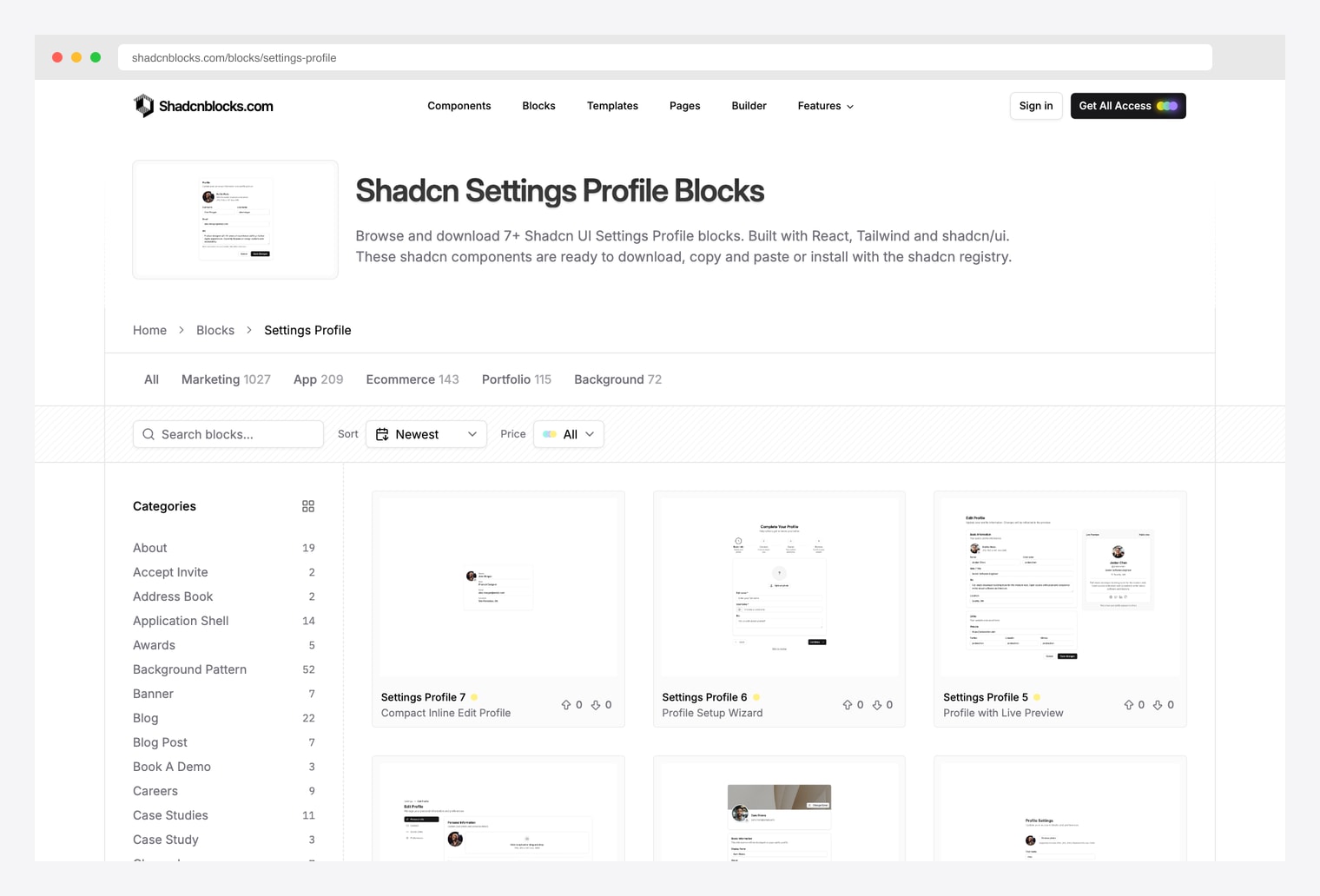 Shadcnblocks Settings Profile blocks — block library with 7+ settings-profile blocks built with React, Tailwind, and shadcn/ui covering card-based form with avatar upload, two-column avatar plus text-field layouts, and sectioned forms grouping personal details and preferences