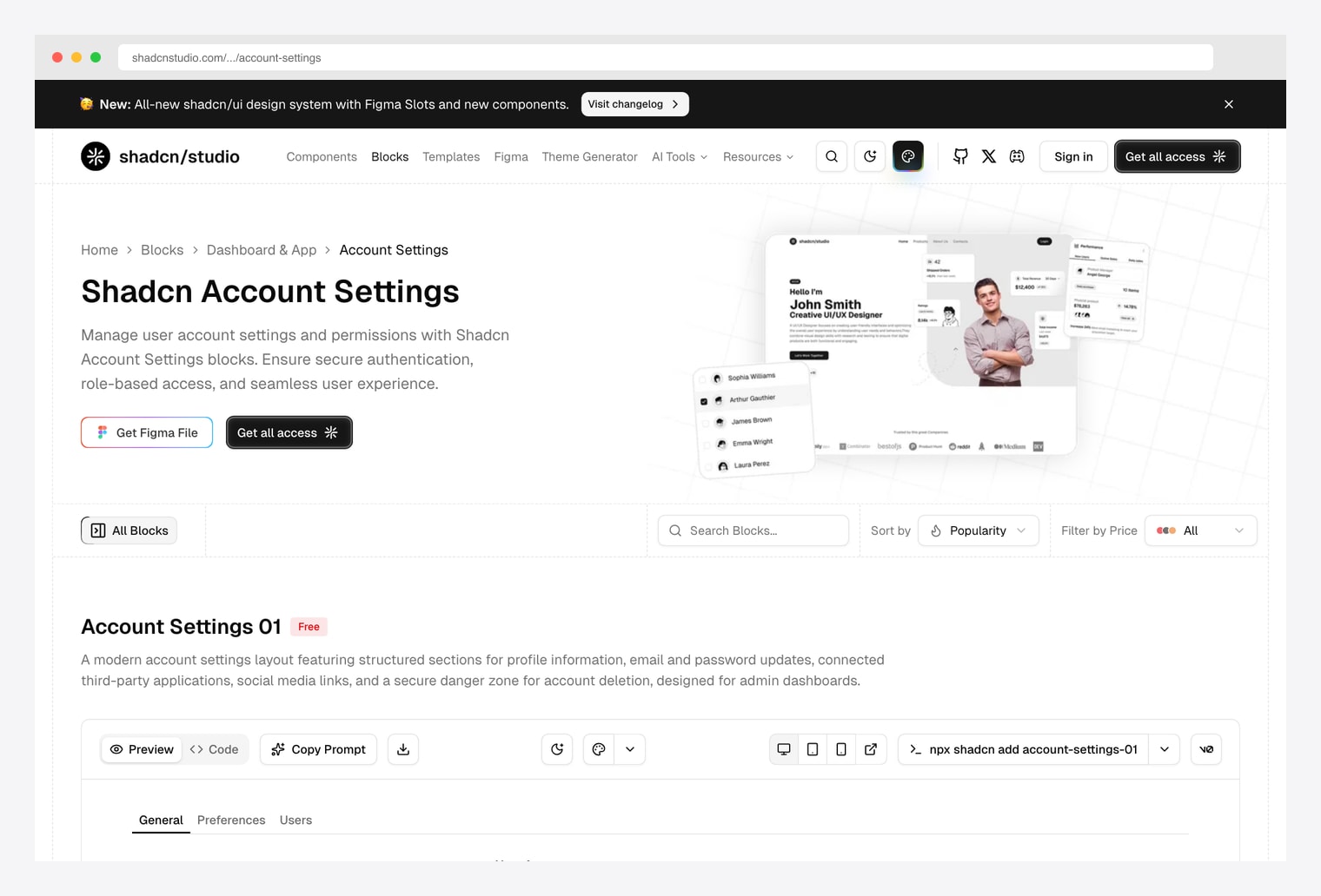 Shadcn Studio Account Settings — block library for managing user account settings and permissions with secure authentication, role-based access, and floating preview cards showing user profile and account analytics widgets
