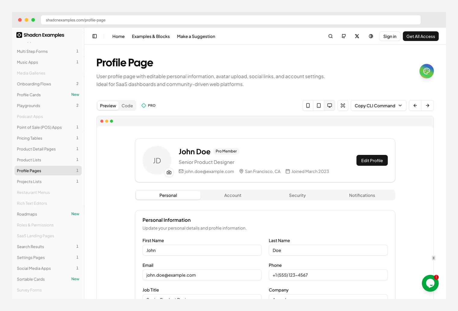 shadcnexamples Profile Page — reference profile-page UI with profile photo, public display name, bio, social links, and account preference sections in a single-column layout