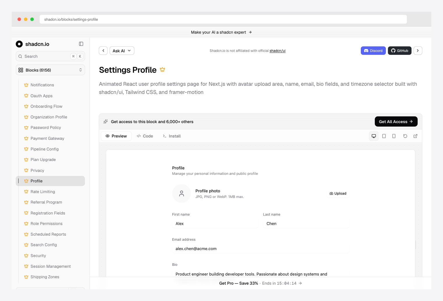 shadcn.io Settings Profile block — free settings-profile block for React, Next.js, and TypeScript with avatar, name, email, bio, social-links, and preferences sections built with shadcn/ui and Tailwind CSS