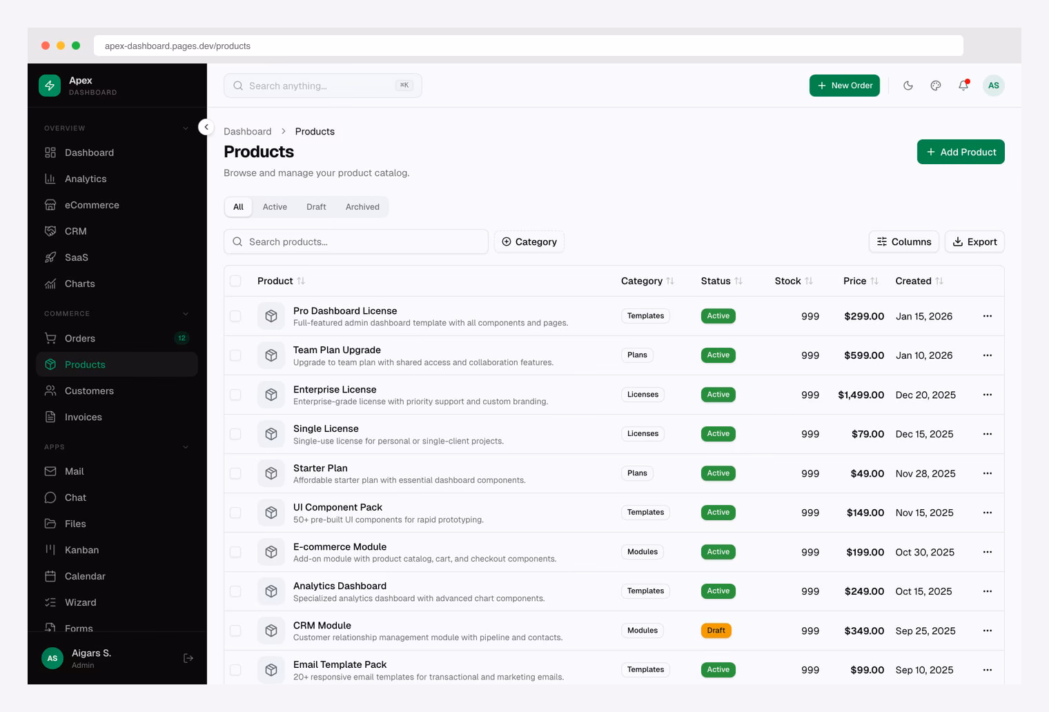 Apex Dashboard Products data table — shadcn/ui product catalog with sorting, filtering, pagination