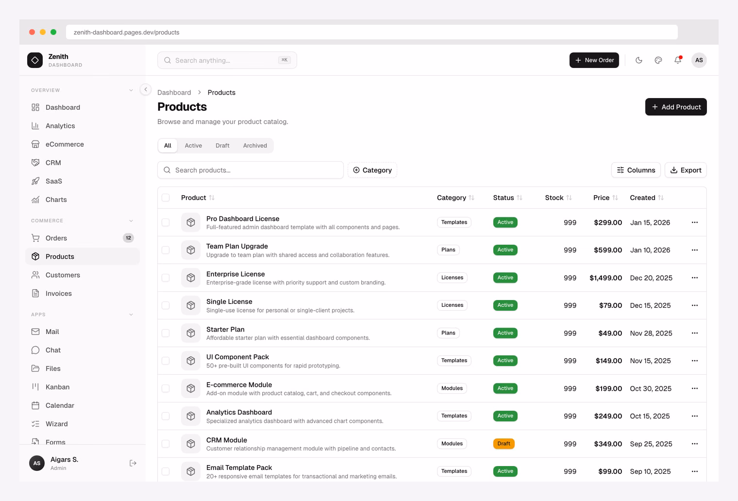 Zenith Dashboard Products data table — minimal achromatic shadcn/ui table