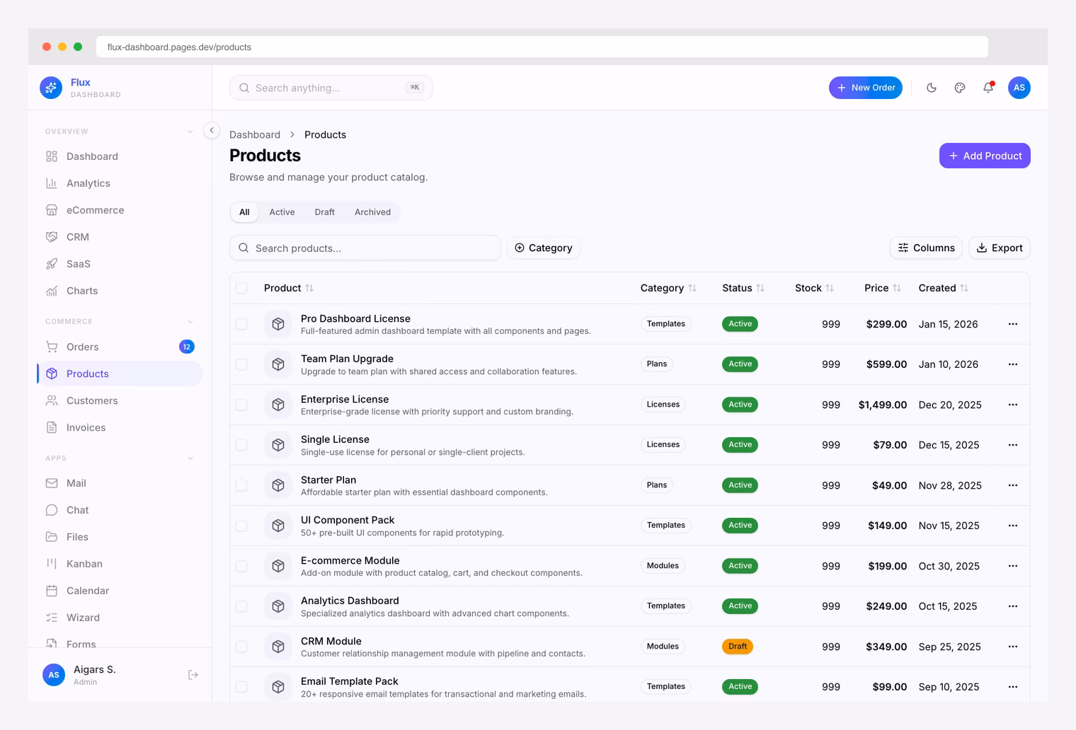Flux Dashboard Products data table — bold purple-accented shadcn/ui table