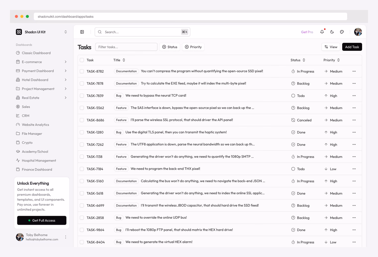 Shadcn UI Kit Tasks Dashboard — premium data table with View, Add Task, Status & Priority filters