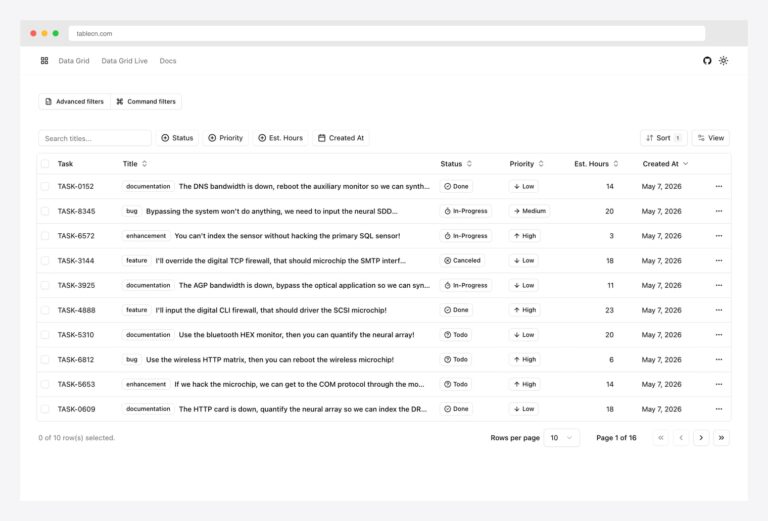 tablecn by sadmann7 — advanced shadcn/ui data table with Notion-style filters and command palette