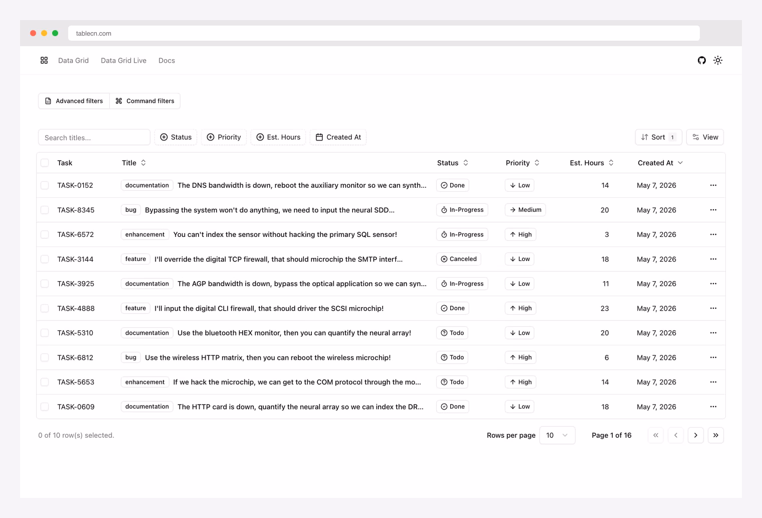 tablecn by sadmann7 — advanced shadcn/ui data table with Notion-style filters and command palette