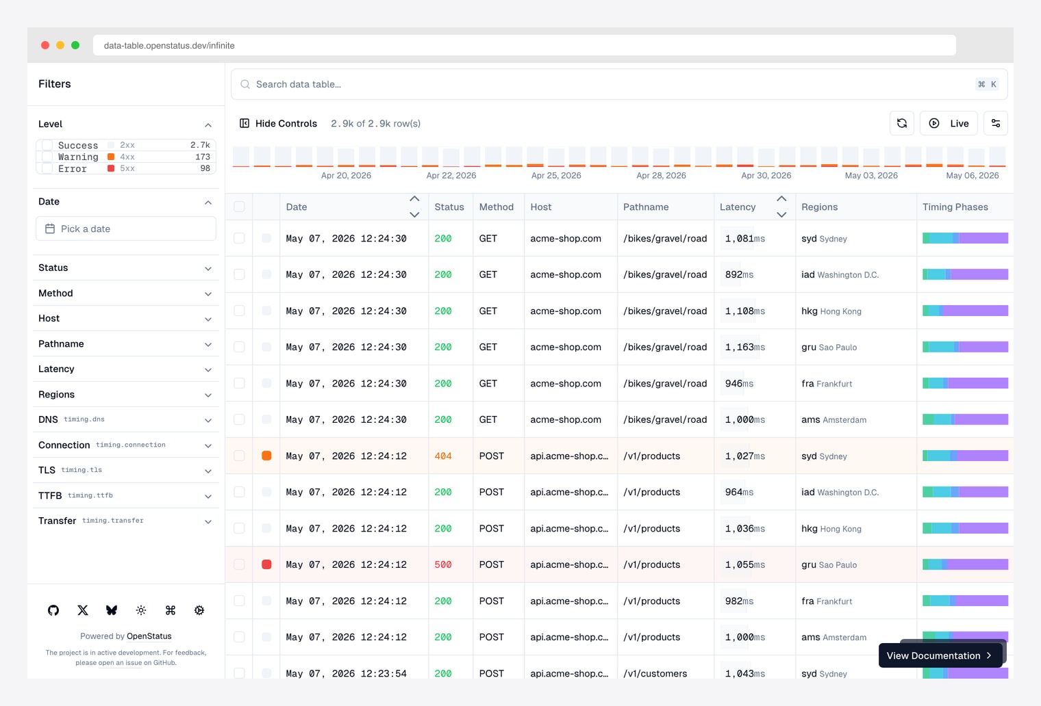 OpenStatus Data Table Filters — infinite-scroll shadcn/ui data table with faceted filters