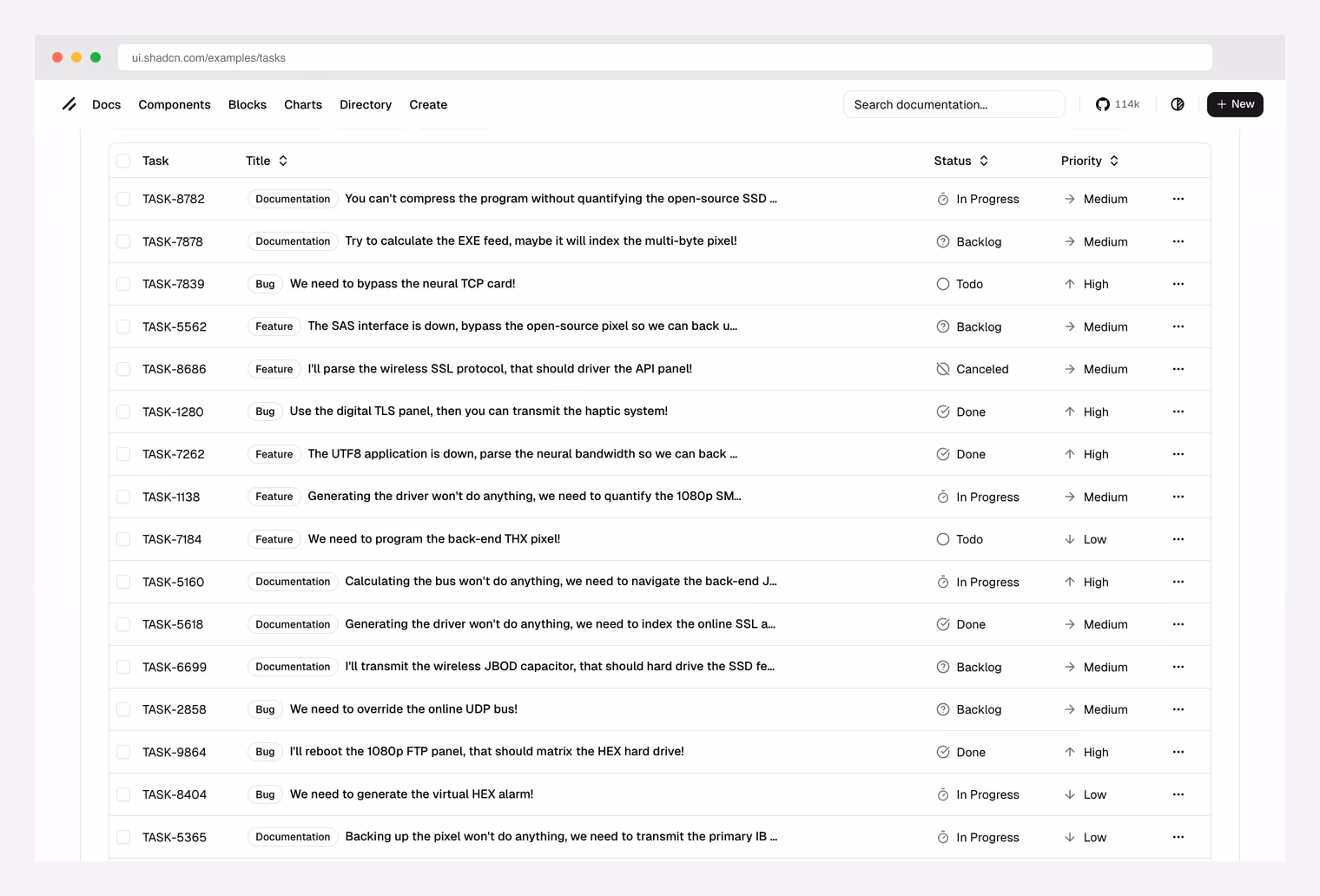 shadcn/ui Official Tasks Example — canonical shadcn/ui data table reference