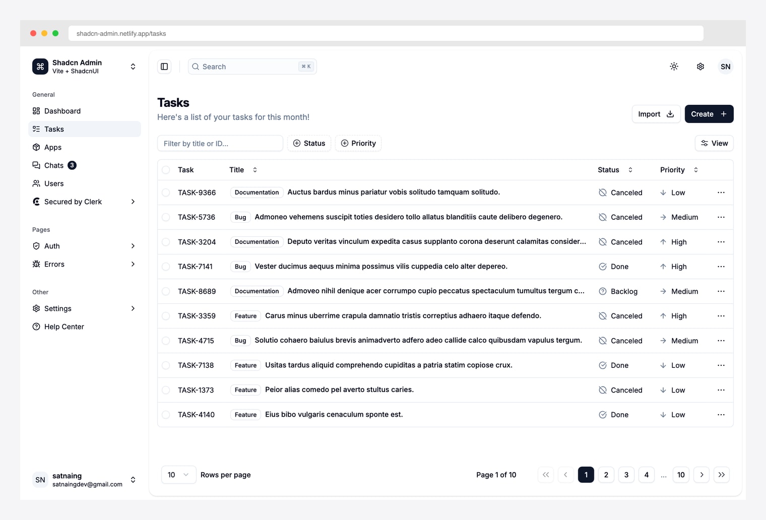 shadcn-admin Tasks page by satnaing — most-starred shadcn/ui data table