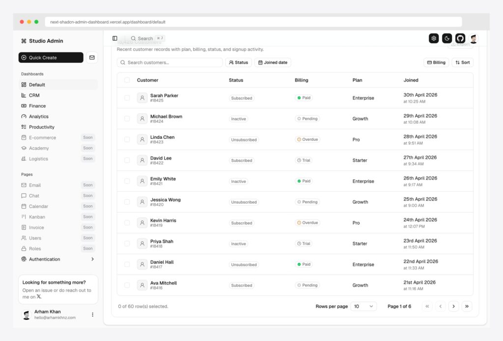 10 Best shadcn/ui Data Table Templates 2026 - AdminLTE.IO