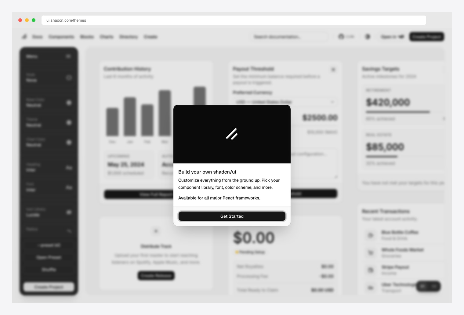 shadcn/ui Official Themes at ui.shadcn.com/themes — the canonical theme picker with Style, Base Color, Theme, Color, Heading Font and Body Font controls, plus a Build your own shadcn/ui wizard for picking component library, font, color scheme across all major React frameworks