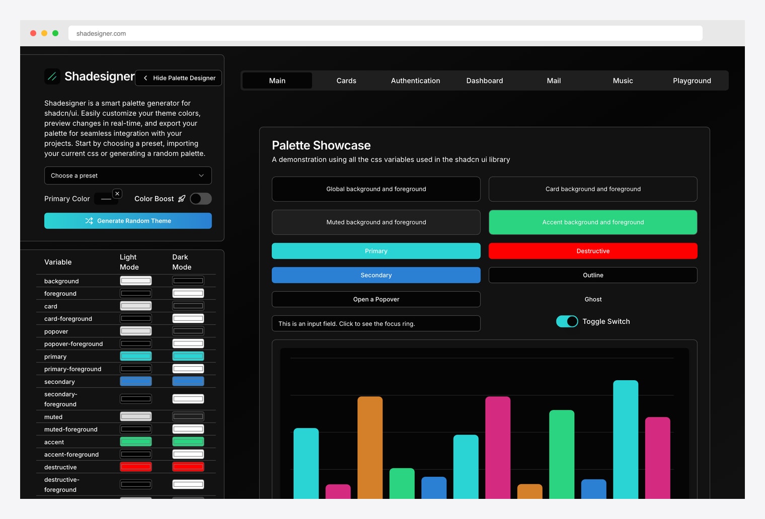 Shadesigner — smart palette generator for shadcn/ui with preset chooser, primary color picker, Color Boost toggle, Generate Random Theme button, full Light/Dark Mode variable table for background, foreground, card, popover, primary, secondary, muted, accent, and destructive plus a Palette Showcase preview