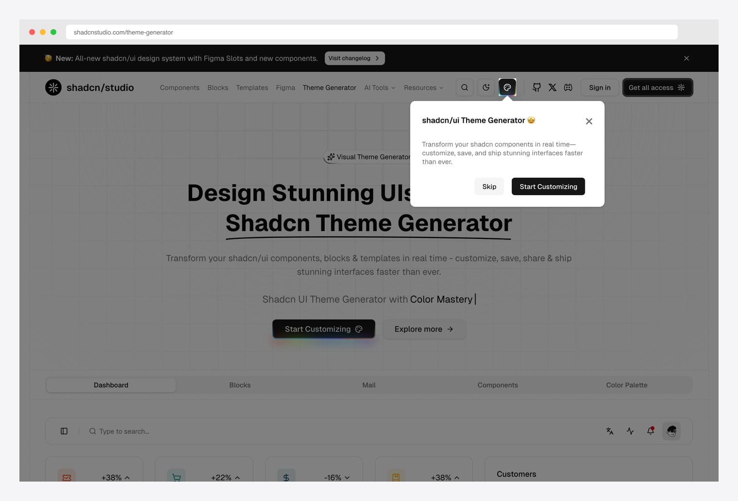 Shadcn Studio Theme Generator at shadcnstudio.com/theme-generator — Visual Theme Generator with Dashboard, Blocks, Mail, Components, and Color Palette tabs for transforming shadcn components in real time across customise, save, and ship workflows