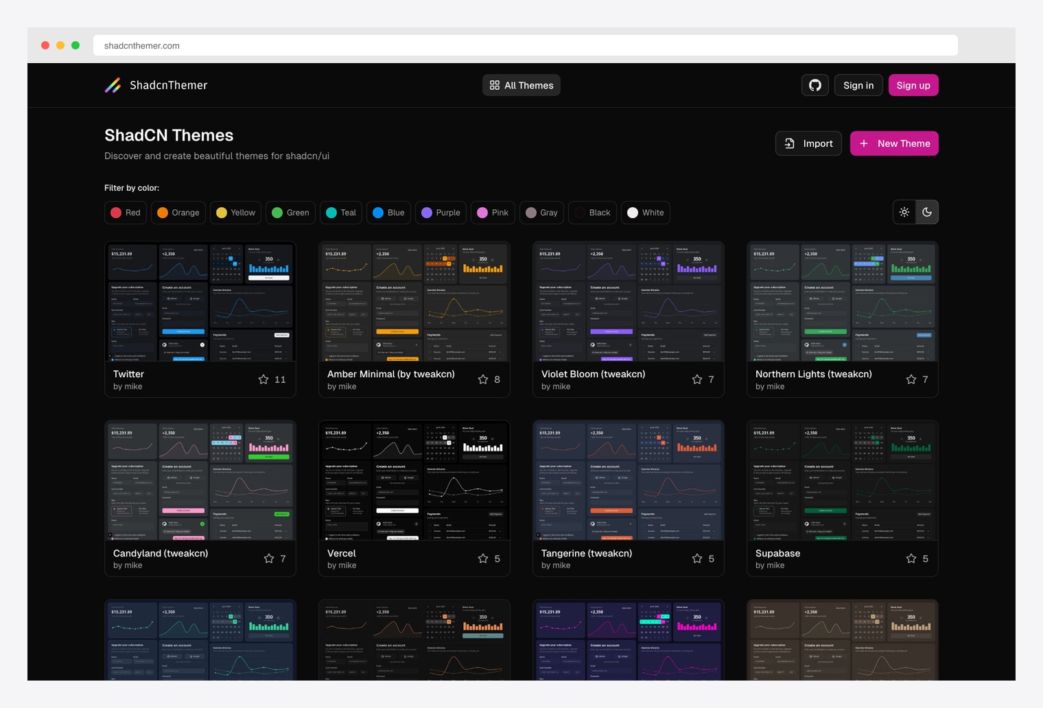 ShadCN Themer at shadcnthemer.com — community theme browser with thousands of community-made themes filterable by colour (Red, Orange, Yellow, Green, Teal, Blue, Purple, Pink, Gray, Black, White), Twitter, Amber Minimal, Violet Bloom, Northern Lights, Candyland, Vercel, Tangerine, and Supabase themes