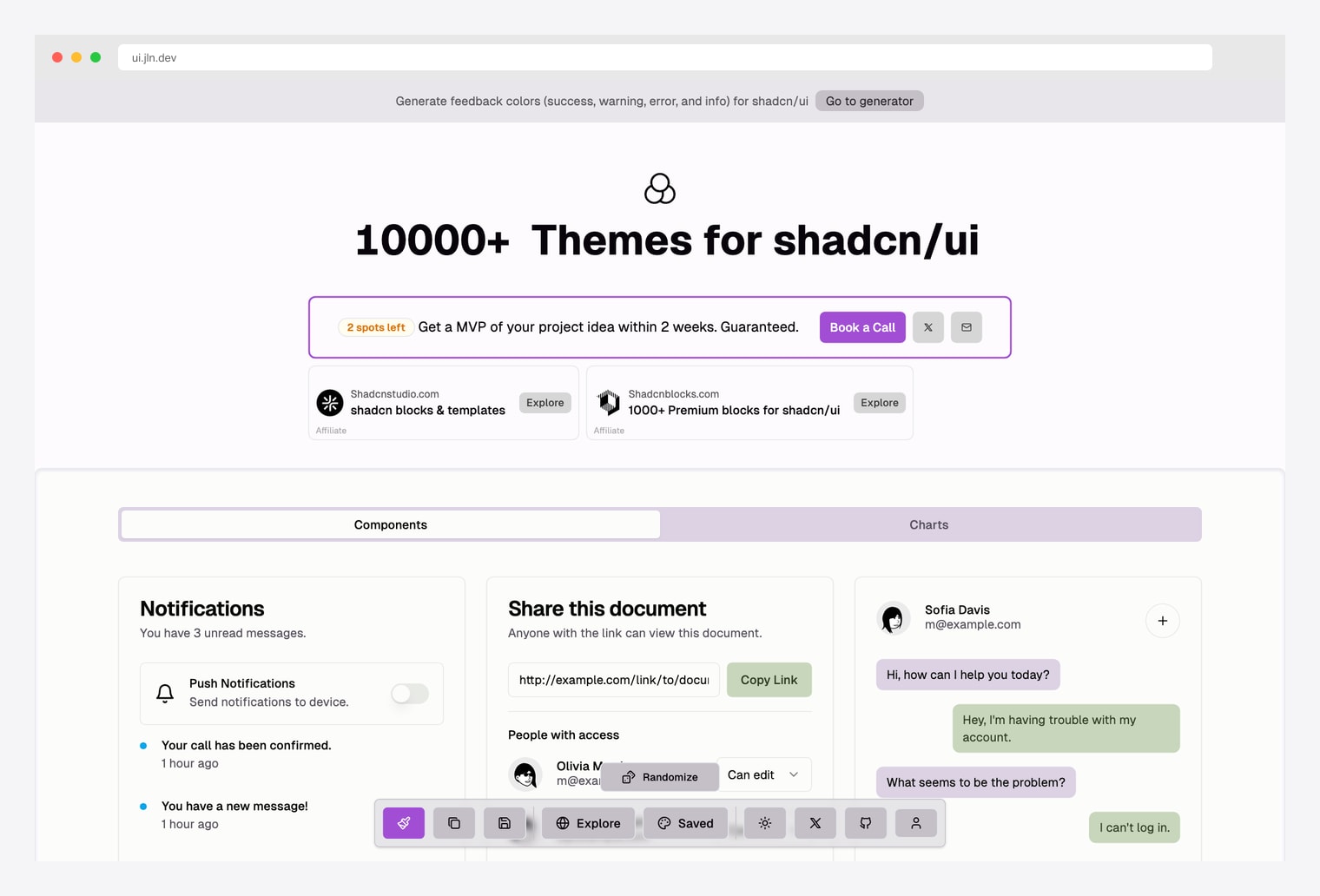 ui.jln.dev — 10000+ Themes for shadcn/ui with Components and Charts tabs, Notifications card, Share document widget, chat preview, and a Randomize button to cycle through colours