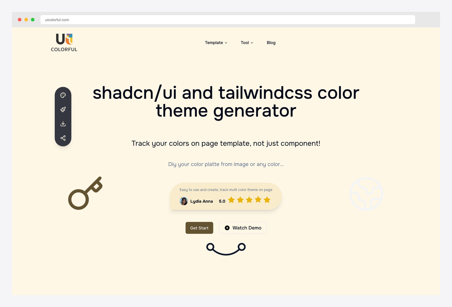UIColorful — shadcn/ui and tailwindcss color theme generator with a sidebar tool tray (palette / brush / download / share) and a tagline pitching tracking colours on page templates rather than just components