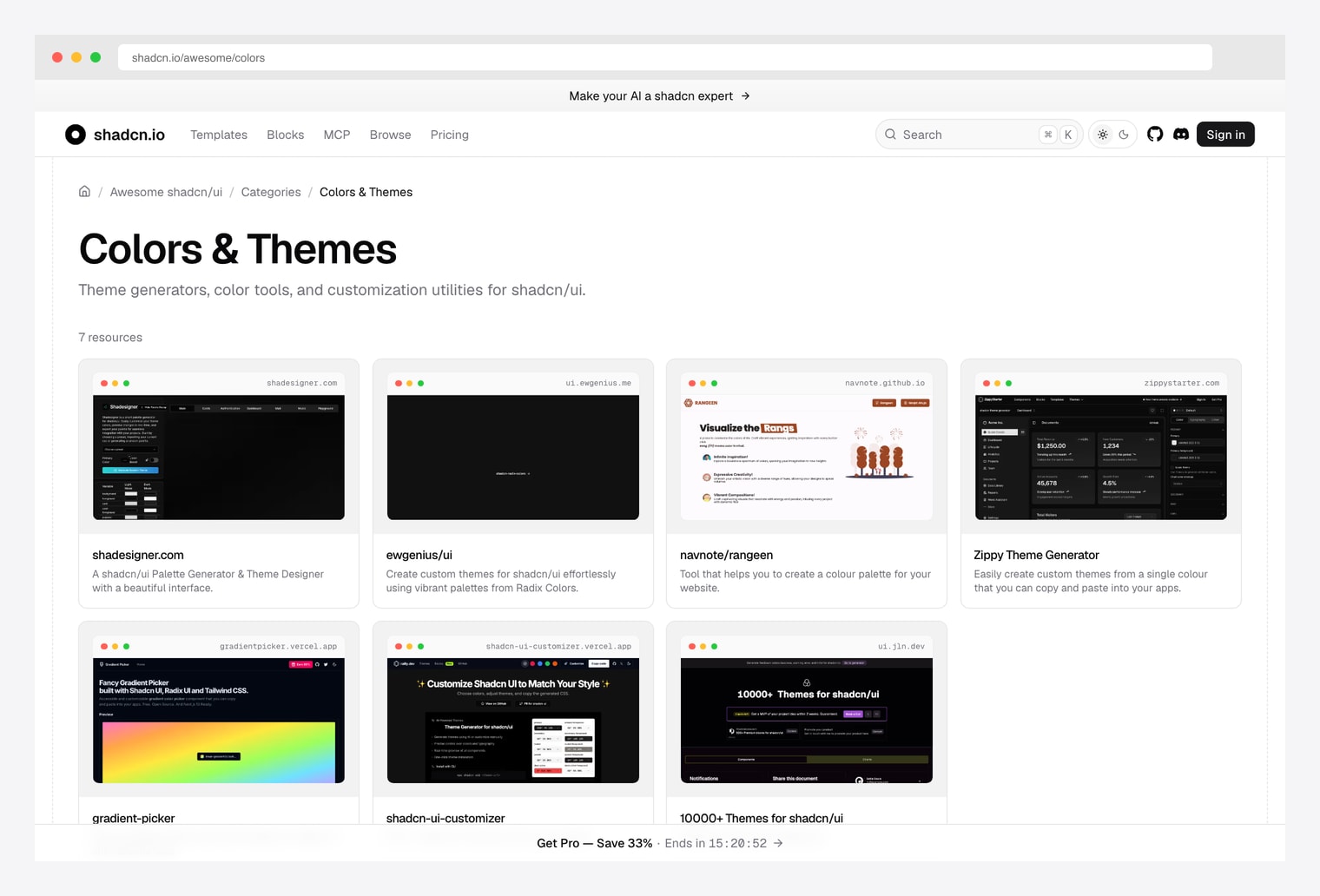 shadcn.io awesome/colors curated list of theme generators, color tools, and customization utilities for shadcn/ui — featuring shadesigner.com, ewgenius/ui, navnote/rangeen, Zippy Theme Generator, gradient-picker.vercel.app, shadcn-ui-customizer.vercel.app, and ui.jln.dev
